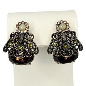 Hobe Crystal Filagree Clip On Earrings 2" Signed Legendary Splendor Jewels